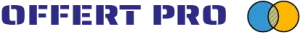 OffertPro logga i mörkblå färg och två cirklar på höger sida, i blått och gult