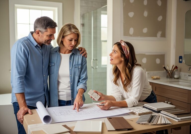 Tre personer som tittar på ritningar och diskuterar sin badrumsrenovering
